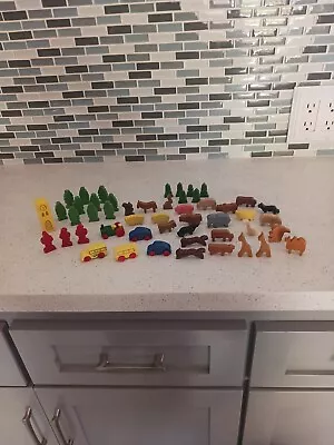 VTG Creative Playthings Zoo Miniature Wooden Toys People Animals Car Trees Lot • $12.95