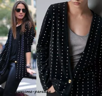 A611 Zara Black Velvet Jacket Kimono Studded Flowing Blazer Coat Small - S • $99.99