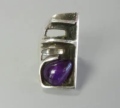 Modernist Brutalist Ring Sterling Silver Amethyst Handmade Size 7 Signed MP • $49