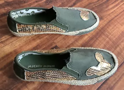Mickey Mouse Moss Green Canvas Gold Sequin Espadrilles Pull-on Shoes Size 7 • $9
