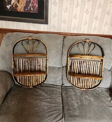 Pair Of Vintage Tortoise Shell Real Bamboo Hanging Foldable Wall Shelves  • $179.99