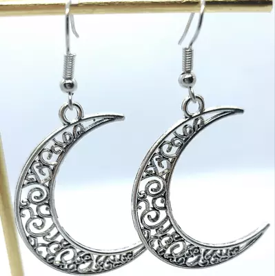 Crescent Moon Filagree Engraved Dangle Hook Earrings Celestial Dream Gothic Boho • $23