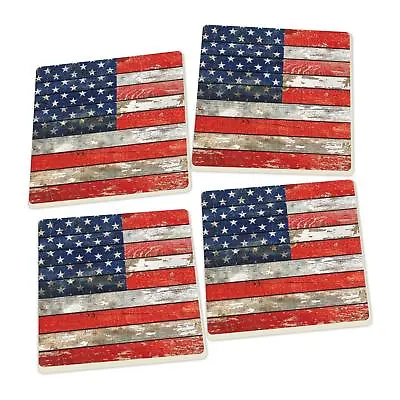 $20.14 • Buy American Flag Distressed Wood Look Set Of 4 Ceramic Coaster Pack