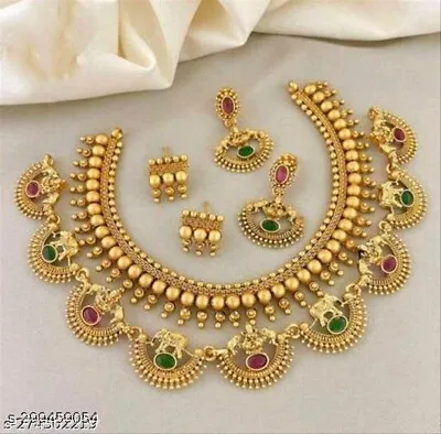 South Indian Bollywood Multicolor Gold FN Combo Choker Necklace Jewelry Set • $20.20