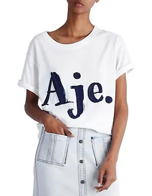 AJE Sequin Embellished Print Logo FIONA Tee White Navy Blue XS Tshirt Bead • $100