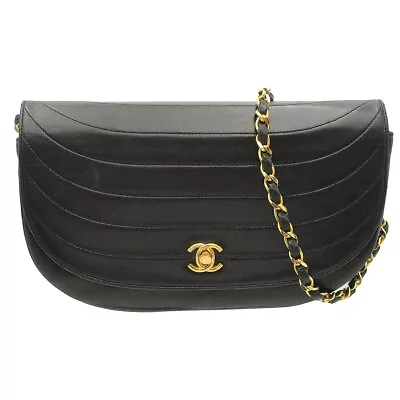 CHANEL Leather Half Moon Turnlock Chain Shoulder Bag W24 Black GHW Women D2573 • £782.55