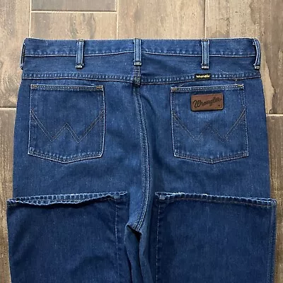 Vintage 70s Wrangler No-Fault 945 DEN Dark Wash Denim Bell-Bottom Blue Jeans • $50