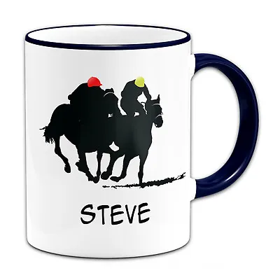 Personalised (Any Name) Horse Racing Sillouette Gift Mug-Dark Blue • £7.99