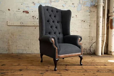 Dark Grey Herringbone Wool & Antique Leather Chesterfield Wing Chair High Back • £745