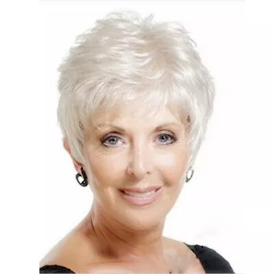Synthetic Short Pixie Wavy Silver White Wig For Elderly Ladies Natural Hair Wig • $13.99