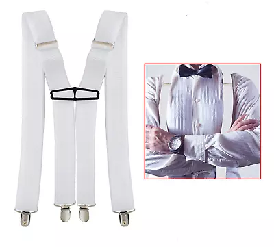 White Mens Braces 35mm Wide Heavy Duty X Back Adjustable Suspenders Clip On 35mm • £5.99