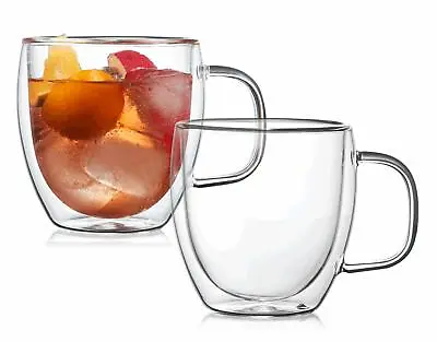 Glass Coffee Mug W/ Handle Double Wall Crystal Tumbler Lead Free Set Of 2 • $13.99