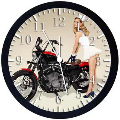 American Motorcycle Girl Black Frame Wall Clock Nice For Decor Or Gifts Z32 • $19.95