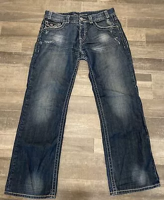 MEK Helsinki Denim Mens 36x32 Distressed Blue Jeans Bootcut Button Flap EUC Pant • $39.99