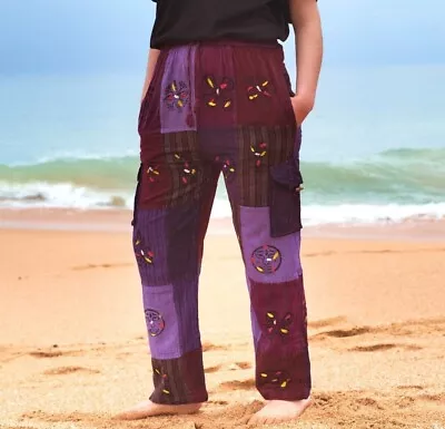 Fair Trade Patchwork Hippie Trousers Purple Boho Yoga Cargo Pants Festival • £23.99