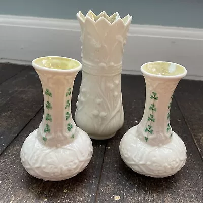 £30 • Buy Vintage Belleek Irish Pottery Lot Of 3 Bud Vases - Leprechaun Shamrocks/Clovers