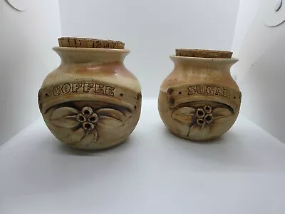 Vintage Gum Leaves Pottery Coffee Sugar Jars With Cork Tops Lids Tea Collectable • $64.98