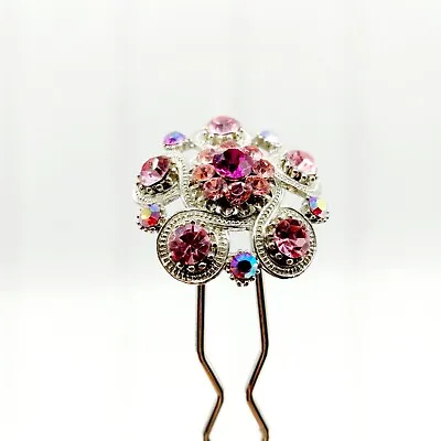 Vintage Hair Stick Pink Crystal Rhinestone Double Prong Hair Pin Stick Geisha • $10.96