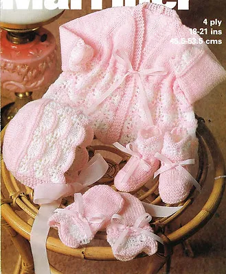BABY KNITTING PATTERN FOR   Matinee Jacket Bonnet Booties  Mitts  4 Ply 18/21 In • £1.95