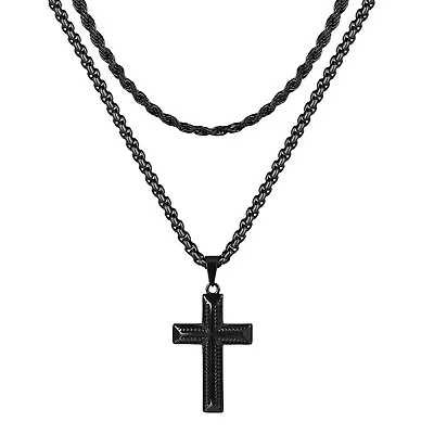 Mens Double Layer Cross Cuban Twisted Rope Chain Link Stainless Steel Necklace • $11.99