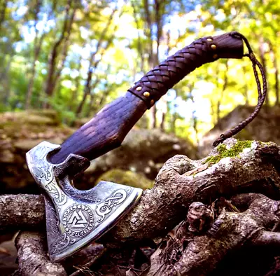 Valknut Hand Forged Viking Axe Carbon Steel Hatchet - Battle Ready Throwing Axe • $44