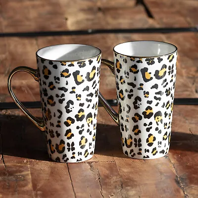 Set Of 2 Large Leopard Animal Print Tall Latte Mugs Hot Drinks Tea Coffee Cups • £27