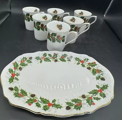 Queens Fine Bone China Yuletide Set 6 Mugs / Cups & Oval Tray Dish • £21.45