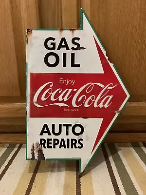 Coca Cola Gas Oil Auto Repairs Metal Sign Arrow Coke Vintage Style Button Garage • $45