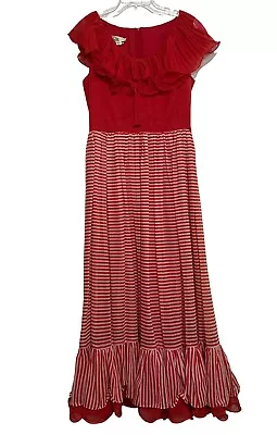 Vintage Miss Elliette Red Striped Maxi Dress W/ Ruffle Collar & Hem Size 8/M • $74.99