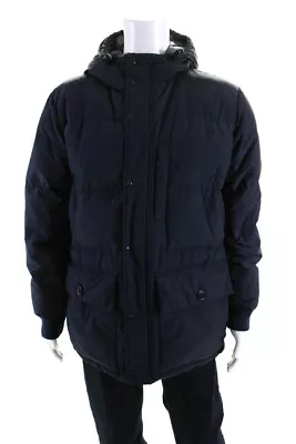 J Crew Mens Quilted Hooded Zip Up Snap Front Puffer Coat Jacket Navy Size M • $42.69