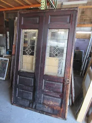 ~ Antique Oak Pocket Door Stained Beveled Glass ~ 54 X 90.25 ~ Salvage • $1850