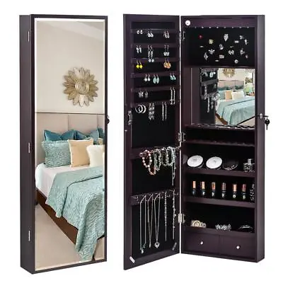 Wall Door Mounted Mirror Jewelry Cabinet Armoire Jewelry Organizer Box With LED • $74.69