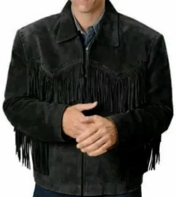 Men Native American Cowboy Leather Fringe Suede Black Western Jacket With Zipper • $124.99