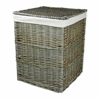 Square Wicker Laundry Basket Antique Wash Washing Woven Linen Lined Bin Storage • £55