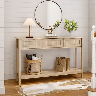 3 Drawer Console Table Wooden Rattan Storage Shelf Side Tables Hallway Furniture • £79.95