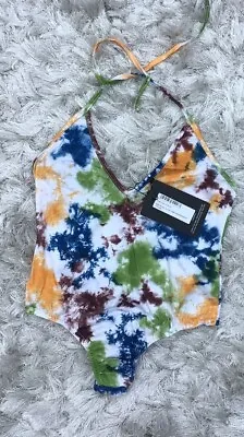 BNWT   PRETTY LITTLE THING Halterneck Tie Dye Colourful  Bodysuit Size 8 Low P&P • £3.49