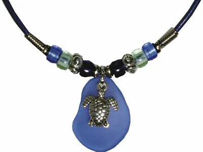 Pirate Beach Blue Sea Glass 18  Necklace Leather Cord Turtle Charm Glass Beads  • $12.95