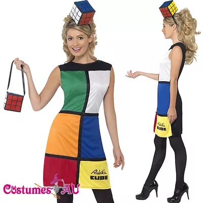 $36.99 • Buy Ladies Rubik's Cube Costume Rubiks 80s 1980 Rubix Fancy Dress + Headband + Bag