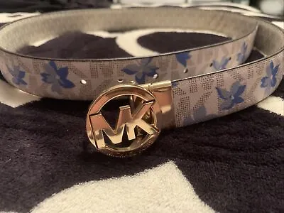 🌸michael Kors Belt Reversible White Blue Floral/white Mk Logo Gold Buckle • $39.50