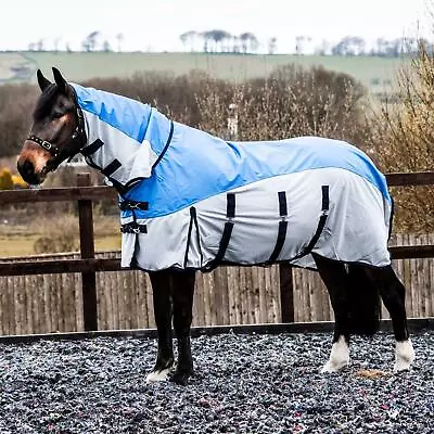 2 600D 1 In Waterproof Fly Turnout Mesh Horse Rug Fixed Neck Blue/Grey 5'6-6'9 • £30.99