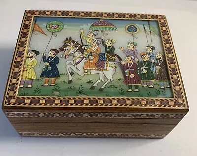 $22.99 • Buy Wood Trinket Box Hinged Unbranded Folk Art Image From India On Top Trinket Box