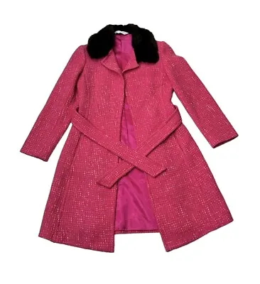Vintage Trina Turk Tweed Wool Blend Pink Coat W/Faux Fur Collar Tie Waist Sz 2 • $79.99