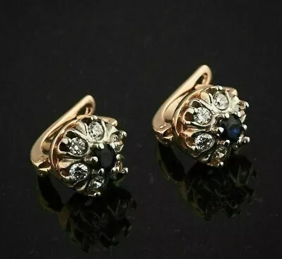 Vintage Style White Diamond & 2.Ct Sapphire Studs Earrings 14K Rose Gold Finish • $67.20