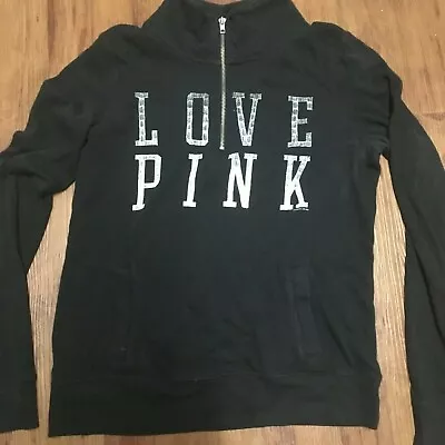 Victoria Secret LOVE PINK Half ZIP PULLOVER Size S Black White LOGO Sweatshirt • $9.99