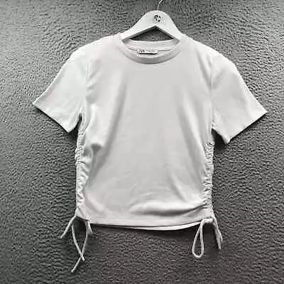 Zara Crop Top Shirt Women's Large L Short Sleeve Drawstring Ribbed Knit White • $9.99
