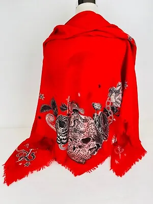 $370.61 • Buy $570 Alexander McQueen Red Wool Blend Floral Skull Scarf Shawl 602830 6460