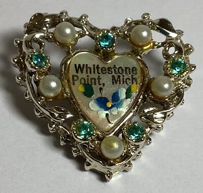 Vtg Whitestone Point Michigan Souvenir Heart Brooch Mop Rhinestones Pearls  • $10.98
