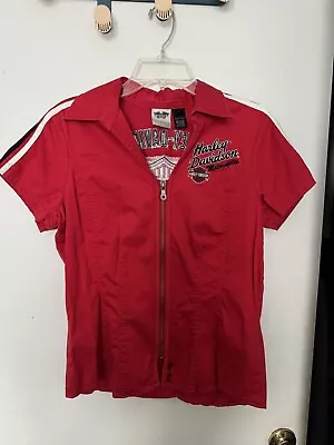 Vintage Genuine Harley Davidson Motorcycles  Zip Up Shirt Racer Womens MediumRed • $13.50