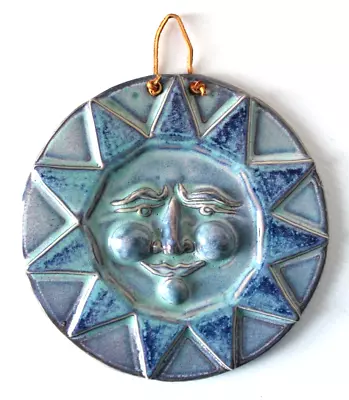 Cliff Losee Sun Face 8.5  Blue Ceramic Celestial Wall Hanging Art Pottery Plaque • £50.12