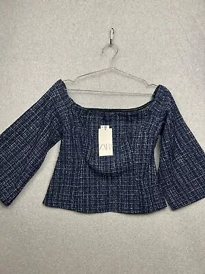Zara Off Shoulder Textured Tweed Top Flare Sleeve Womens Size L Modern  • $25.82